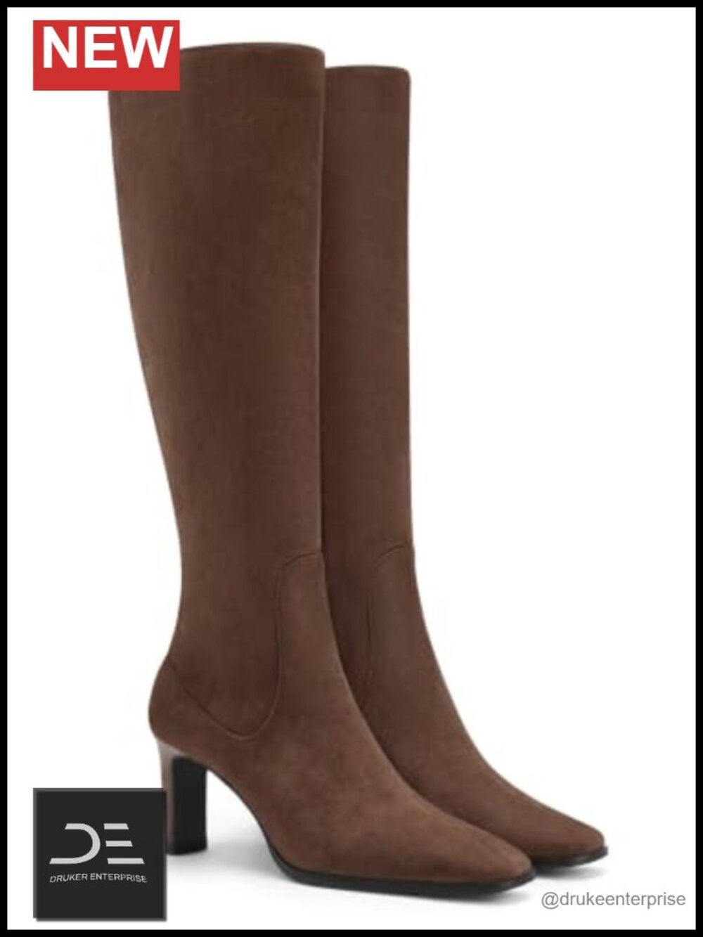 Women's Knee High Square Toe Chunky Heel Boots Faux Suede Zipper Dress Shoes